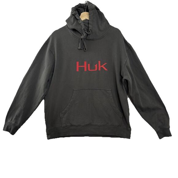 Huk Fishing Pullover Hoodie Mens Size Large Gray Logo Pouch Heavyweight - Picture 1 of 10